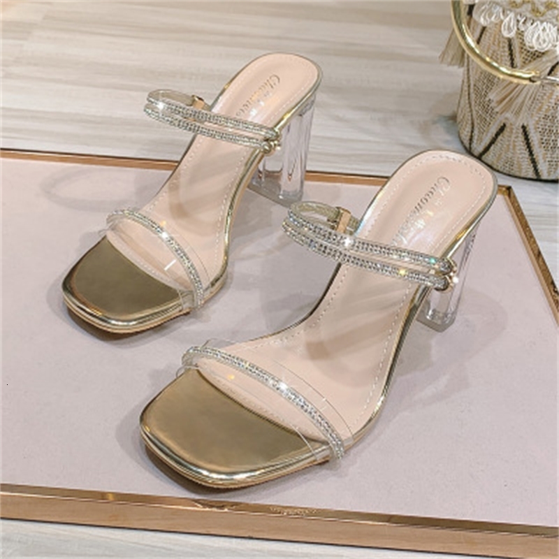 

2021 New Women Will See Strend Rrhinestone Bright Word with Thick Heels Slippers Square Head Transparent Sandals Elegant Woman Shoes 7frm, Heel six.