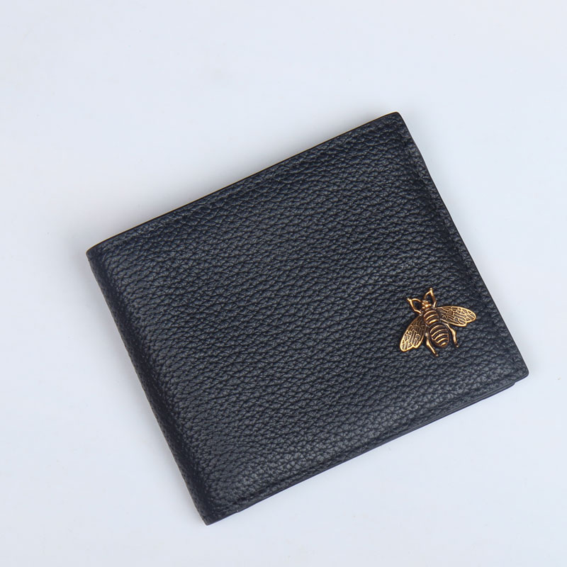 

Men Short wallets fashion man wallet bee purse Genuine leather Credit Card High quality Card Holders with Dust bag, Black-card
