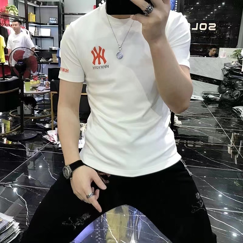 

Men's T-shirt O-neck Fashion Brand Alphabet Embroidery 2022 Summer New High Quality Mercerized Cotton Thickened White Short Sleeve Slim M-4XL, As shown