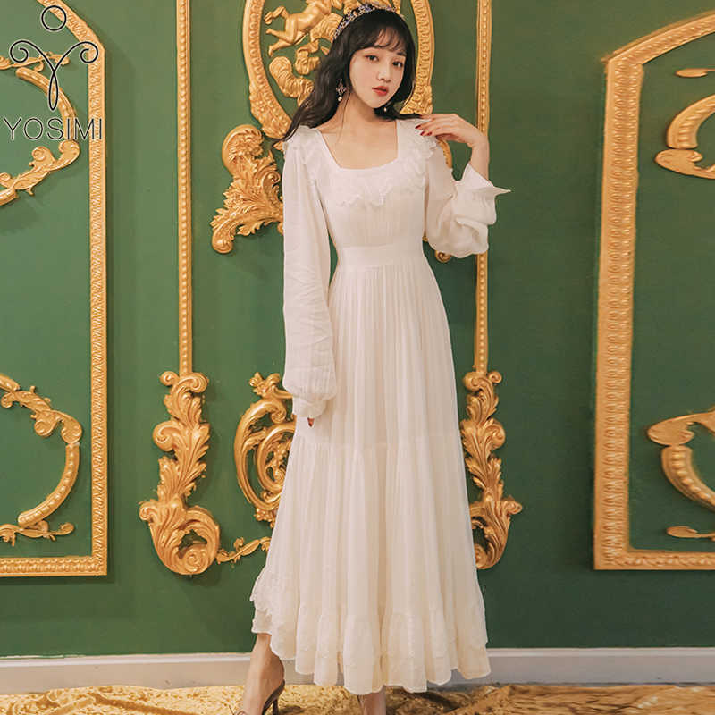 

YOSIMI White Chiffon Long Sleeve Maxi Women Dress Vintage Lace Square Collar Full Empire Ladies Party Elegant 210604