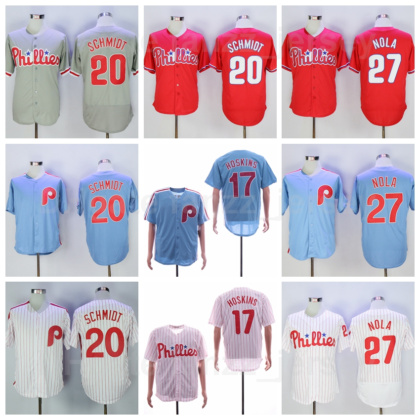 

Men Baseball Vintage 27 Aaron Nola Jersey Retro 20 Mike Schmidt 17 Rhys Hoskins Grey Red White Blue Pinstripe Flexbase Cool Base Cooperstown Embroidery And Sewing, 17 blue