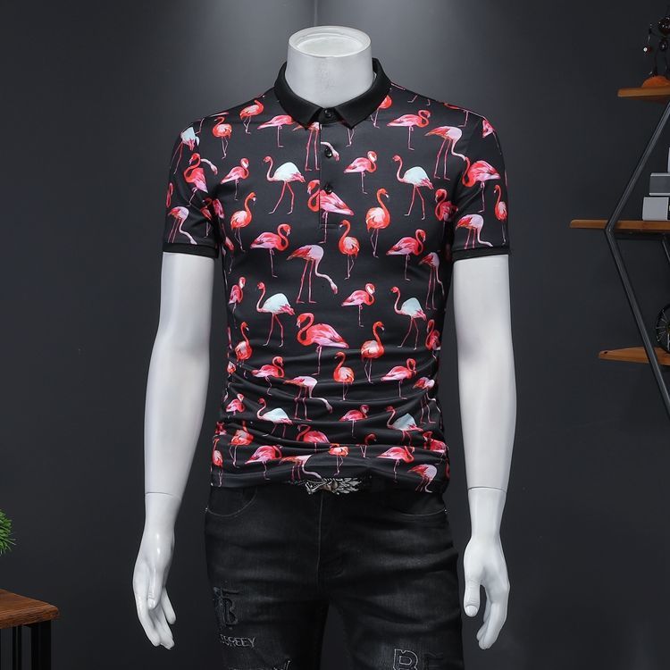 

New Spring Summer Short Sleeve Mens Shirt Trendy Men Camisa 2021 Printed Lapel T-shirt Black Breathable Polo E7or, Picture color