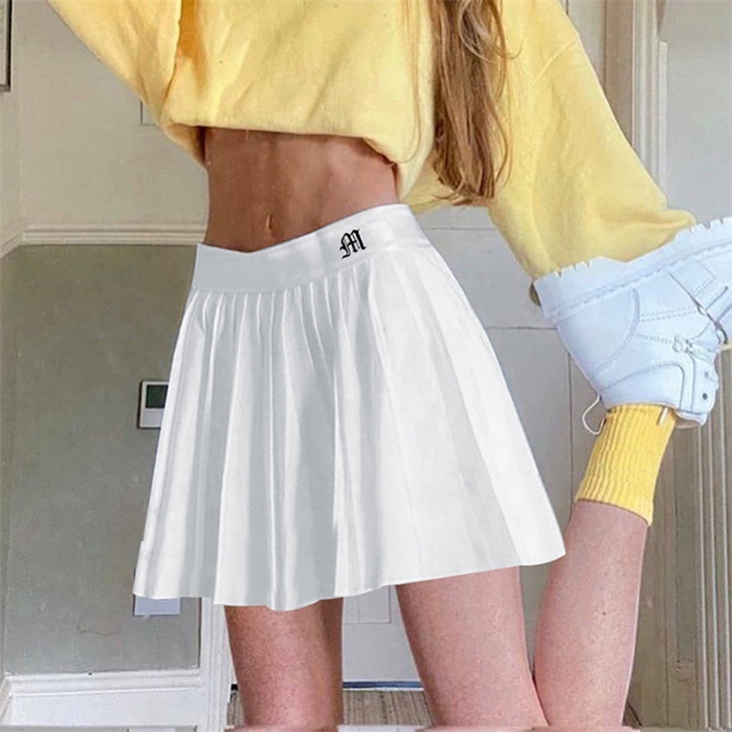 

White Pleated Skirt Short Woman Elastic Waist Mini Skirts Sexy Mircro Summer Embroidery Mini Tennis Skirt New Preppy 210315, Black
