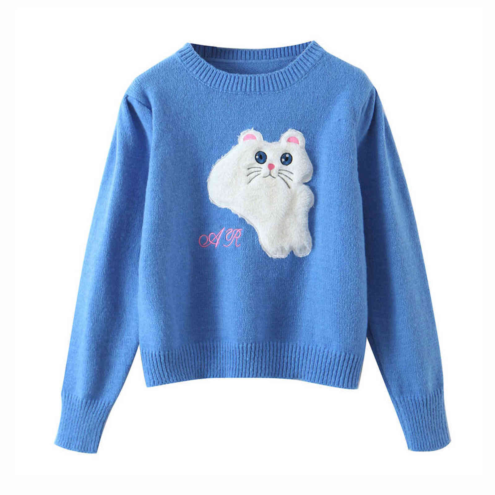 

BLSQR O-neck Casual Sweaters Women Streetwear Fashion Blue Pullover Tops Lady Cartoon Elegant Outwears Female 2021 Y1110, As picture