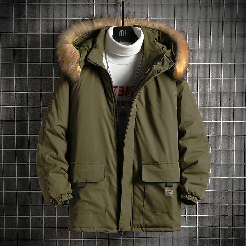 

Winter Fur Collar Parka Men's Hooded Jacket Men Thick Thermal Medium-length Snow Parka Warm Outerwear Wool Liner Coat 210603, Cjw282green