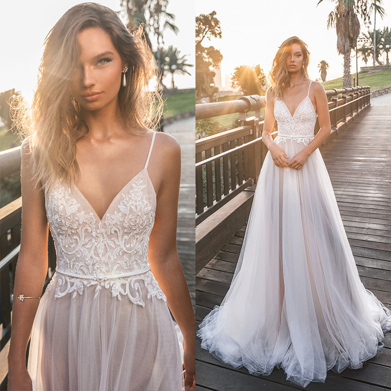

2021 New Ensotek Boho Sexy Beading Beach Wedding Es V-neck Bride Spaghetti Straps Weeding Gowns Vestido De Noiva Joz7, Champagne