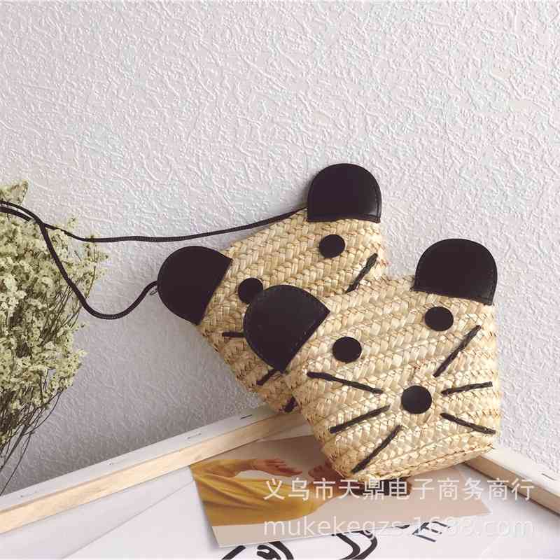 

Cute little mouse children's wheat straw summer concave shape baby one shoulder diagonal span bag, Rat wheat straw bag (children)
