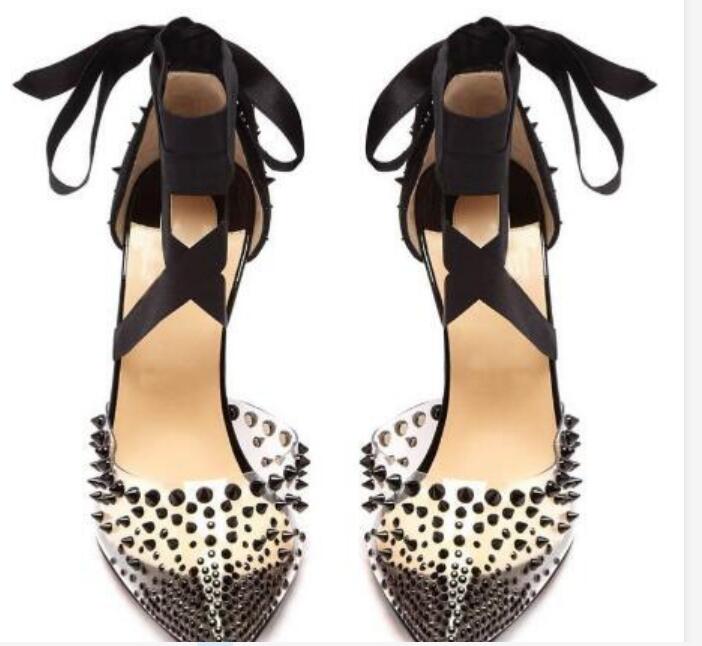 

39Newest Red Bottom High heels shoes PVC crystal bling Pointed toe Wedding Party Shoes Black Lace up Slingback Women Pumps Full Original Packaging, As picture