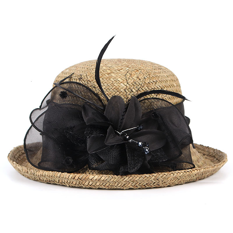 

2021 New Women Flower Summer Sun Round Top Fedoras Wide Brim Bowler Hat Kentucky Derby Church Ladies Hats Hijp, Beige