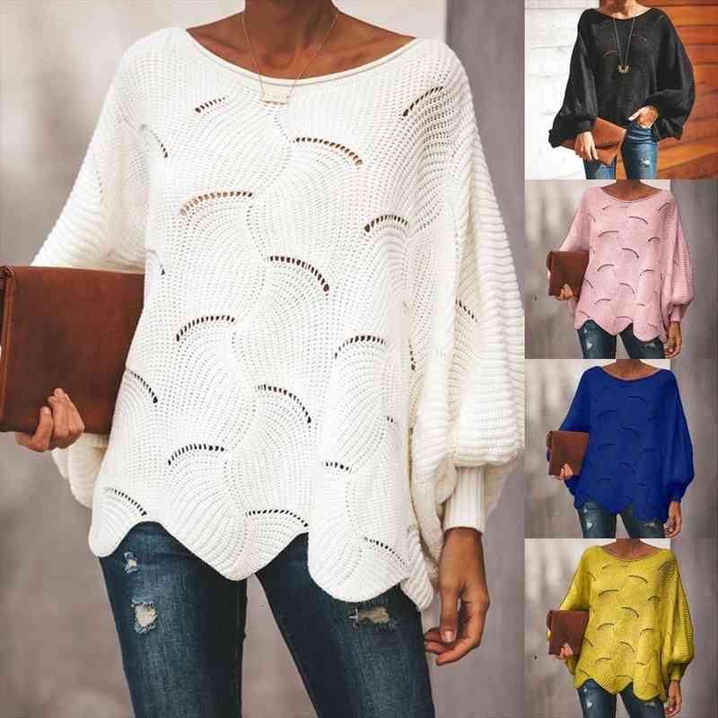 

autumn women hollow out sweater elegant loose knitted pullovers female casual o neck lantern sleeve solid color sweaters, White;black