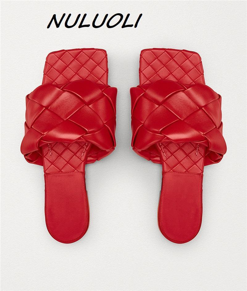 

NULUOLI 2021 Women Big Size 34-43 square Open Toe Beach Slippers Twist braid Leather Low heel Slippers Flat Mules lady Flip Flop, Red