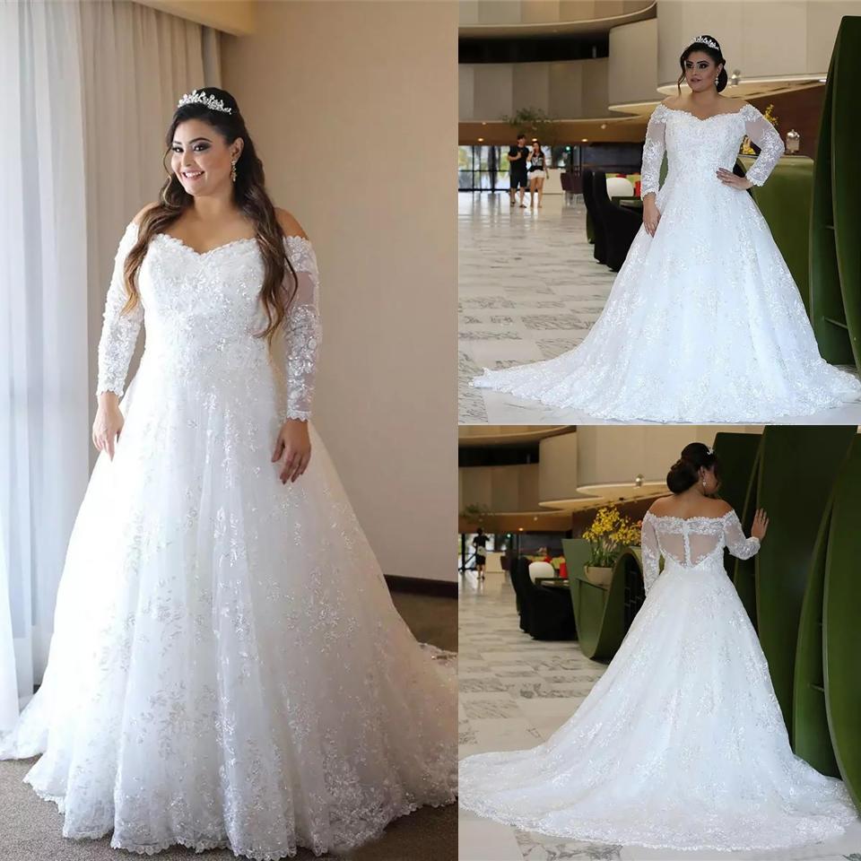 

2022 Sparkly Long Sleeves Lace Plus Size Wedding Dresses with Beaed Appliques Off Shoulder Sweep Train Tulled A Line Wed Bridal Gowns Dress Wed, Daffodil