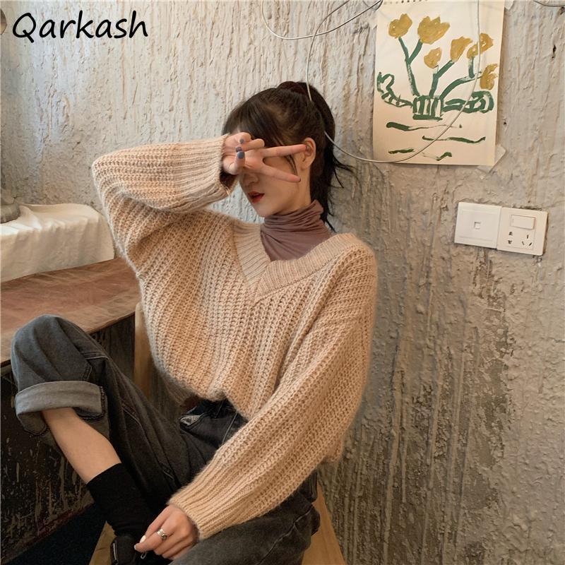 

Women' Sweaters Pullovers Women Autumn V-neck Solid Simple Loose Fit Preppy Aesthetic Stylish Classic Daily Cozy Warm Ins Trendy Chic, Khaki