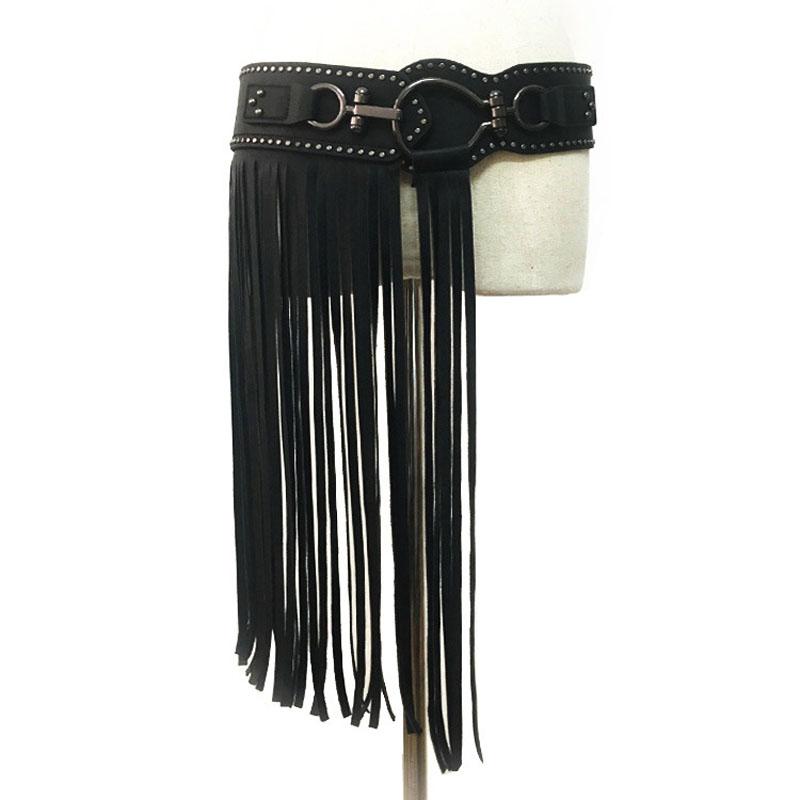

Belts Punk Style Long Fringed Skirt Ladies Waist Girdle Fashion Rivet Wide Belt Elastic Black Buckle Accessories
