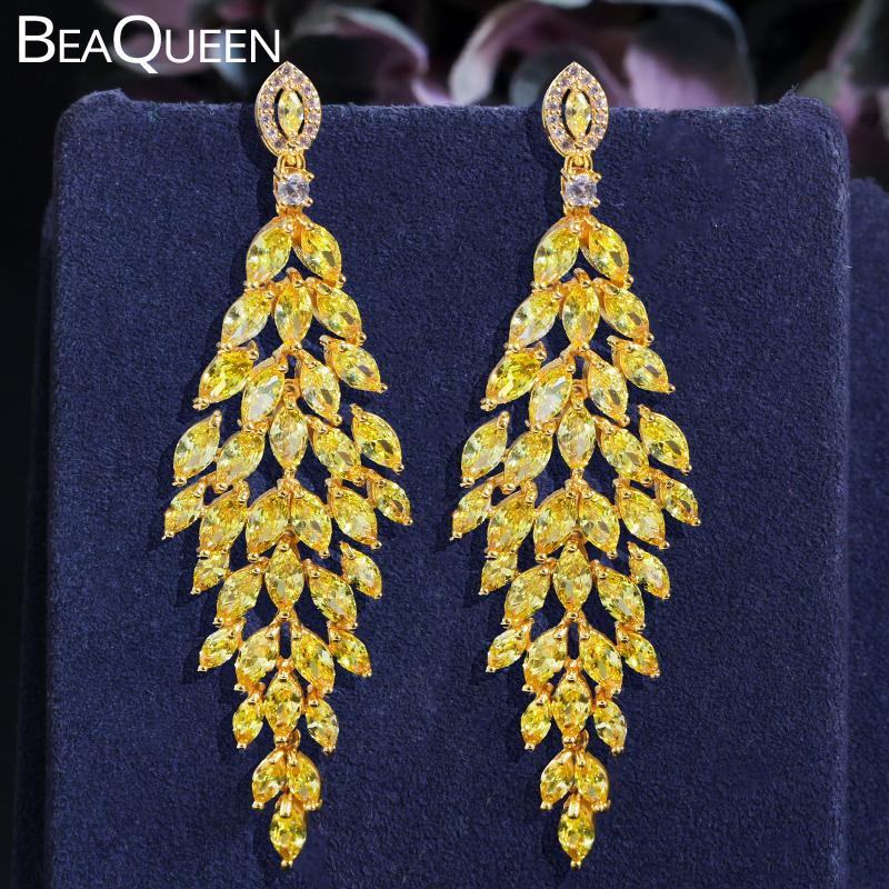 Dangle & Chandelier BeaQueen Elegant Yellow CZ Leaf Wedding Jewelry Marquise Cluster Cubic Zirconia Long Drop Statement Earrings For Brides-image-707480093