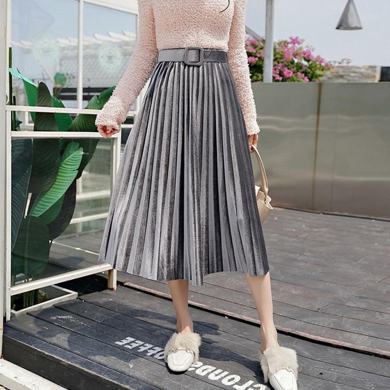 

Skirts Plus Size High Waist With Belt Skirt Women Autumn Winter Velvet Long Pleated Office Ladies Maxi Metallic Streetwear, Black