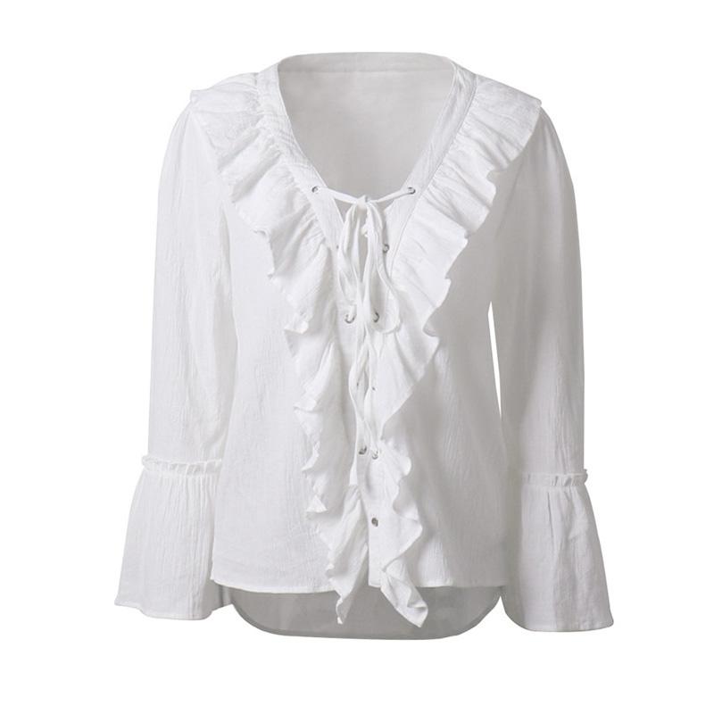 

Women' Blouses & Shirts CHSDCSI Women Spring Blouse Autumn Ladies Ruffles White Tops Elegant Green Long Sleeve Blusas, White s1084