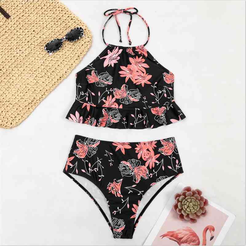 

Swimsuit women' 2021 n ew high waisted bikini printed bikin with ear edge, As shown in figure
