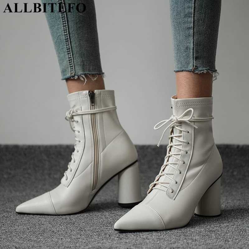

ALLBITEFO thick heels genuine leather brand high heels women boots pointed toe women high heel shoes ankle boots for women 210611, As picture