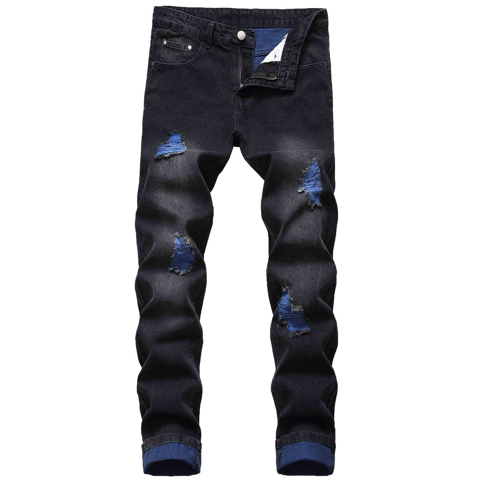 

fashion jeans men's straight slim hole color yarn pants, Blue