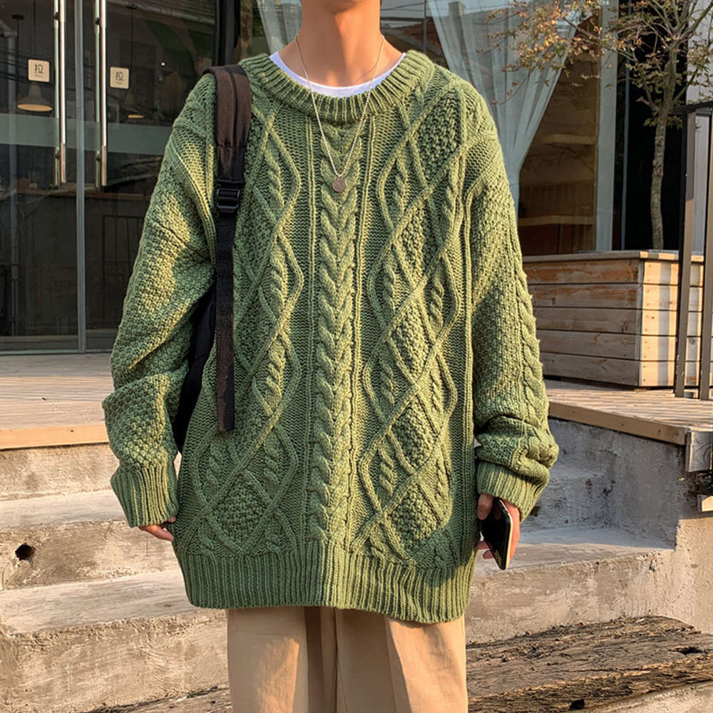 

Ins boys' twist autumn winter lazy sweater loose and thickened Pullover knitted coat, White;black