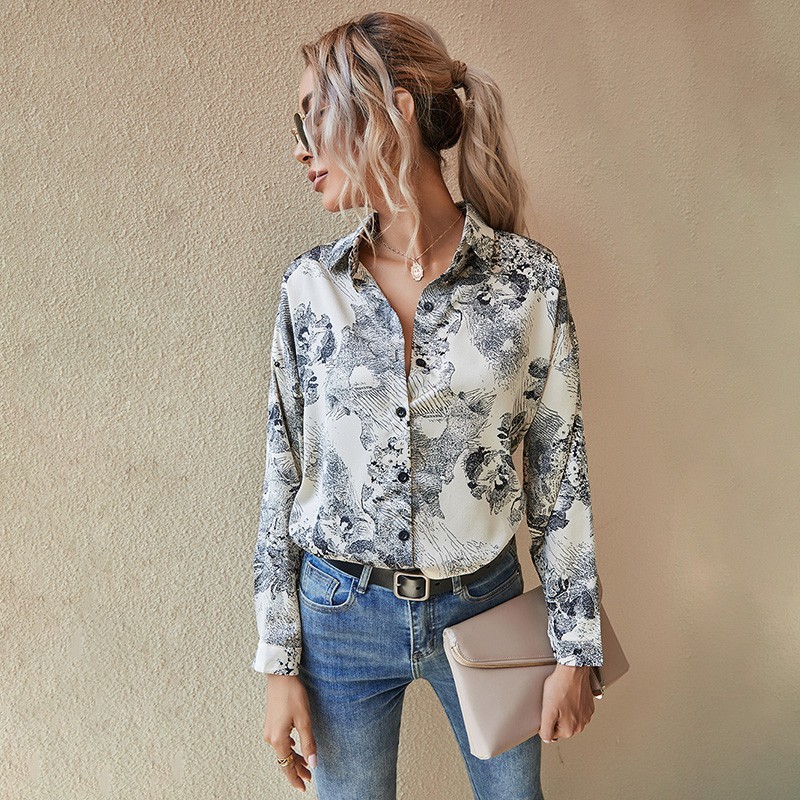 

2021 New Autumn Print Blouse Women Casual Fashion Turn-down Collar Long Sleeve Elegant Office Ladies Shirts Plus Size Tops and Blouses Duqj