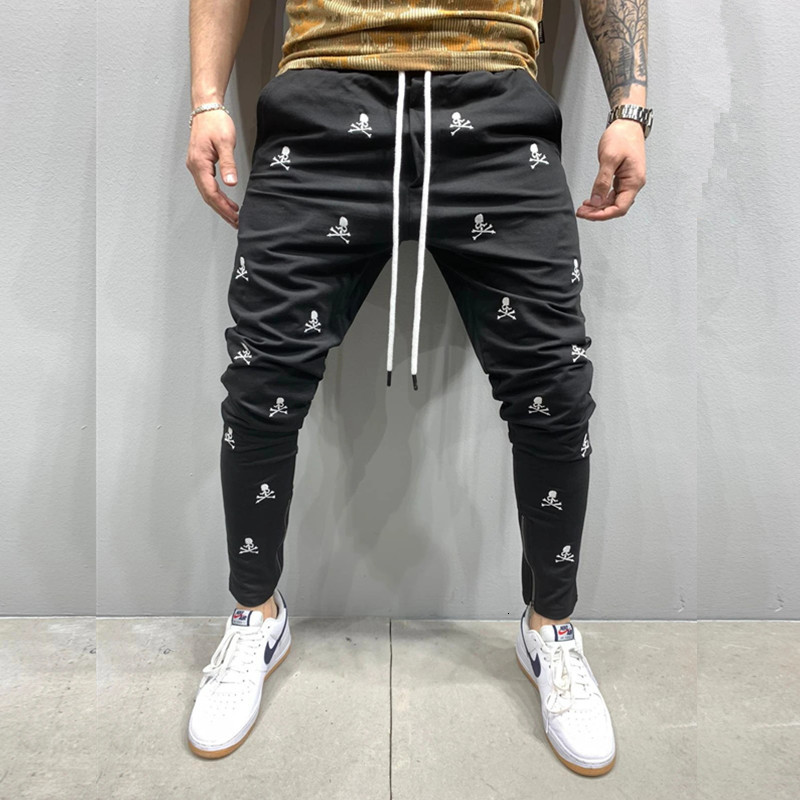 

2021 Men's Jogging Tactical Black Harajuku Skull Embroidery Ny Casual Trousers Man Hip Hop Feet Zip Up Track Pants Kz7v