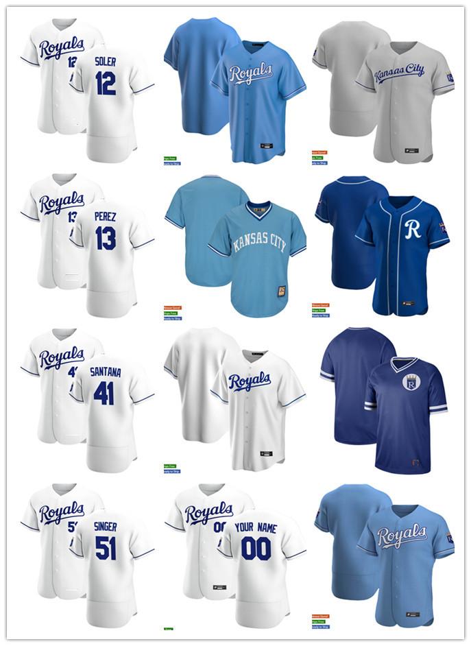 Hommes Femmes Youth 13 Salvador Perez 41 Carlos Santana 51 Chanteur Brady 12 Jorge Soler Custom Baseball Jersey Blue Blanc Gris