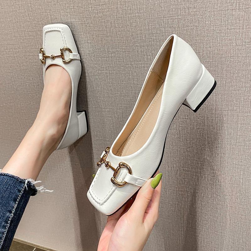 

Dress Shoes 2021 French Style Horse Bit Buckle Single Fashion Thick Heel Square Toe Metal Shallow Mouth Mary Jane Women's La