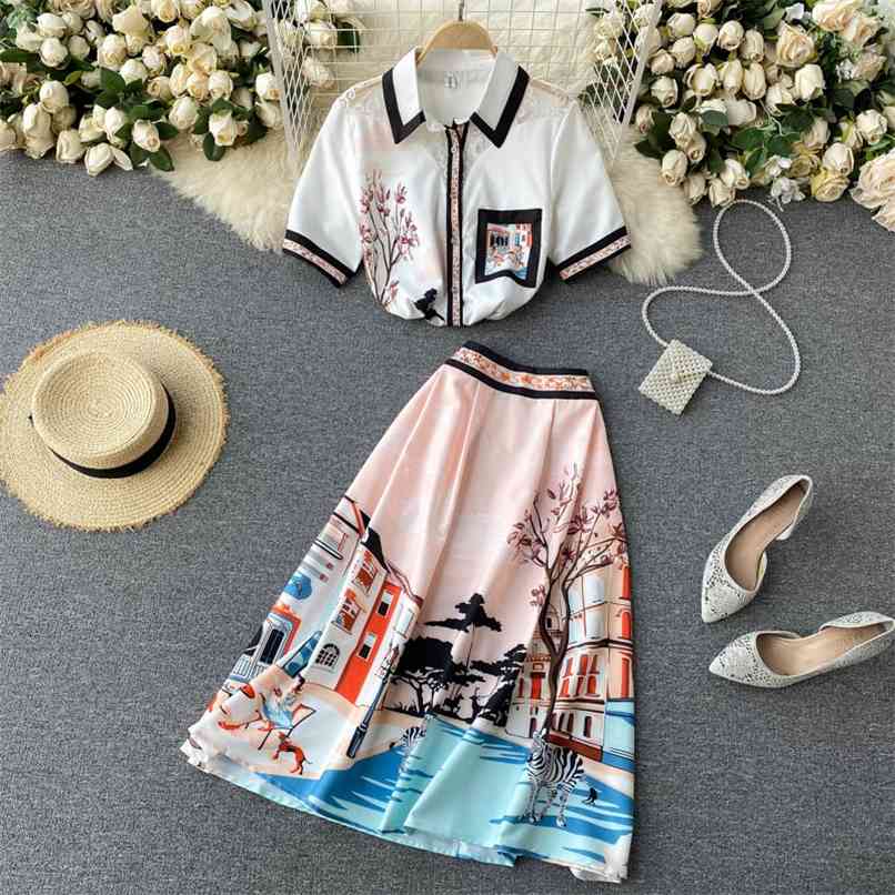 

Fashion Suits Female Lapel Short-sleeved Lace Patchwork Shirt Retro Print High waist Long Skirt Two-piece Outfits Women 210602, White