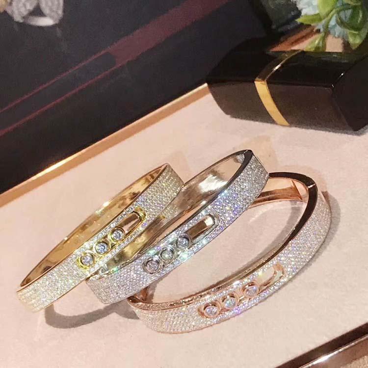 Bangle Cubic Zirconia Move Bracelet&bangles,famous France Brand 925 Sterling Silver Jewelry,women Fashion Solid Three Stone