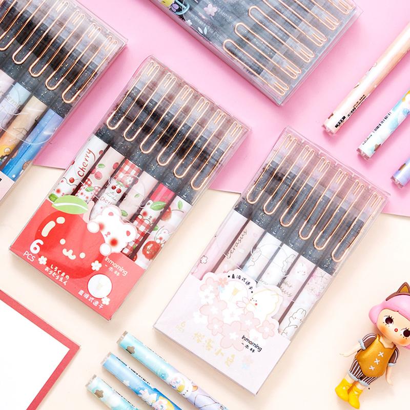 

6Pcs/Lot Kawaii Girly Gel Pen 0.5mm Pink Straight Liquid Rollerball Pen For School Office Exam Supplies Stationery