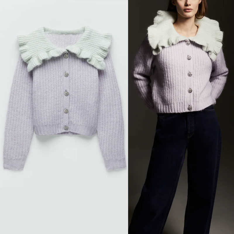 

Za Ruffle Jewel Button Knit Cardigan Sweater Women Long Sleeve Vintage Patchwork Knitted Top Female Fitted Soft Sweaters 210602, As picture