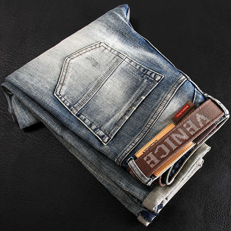 

Italian Style Fashion Men Jeans Retro Blue Elastic Slim Fit Ripped High Quality Vintage Designer Casual Denim Pants 7WT9