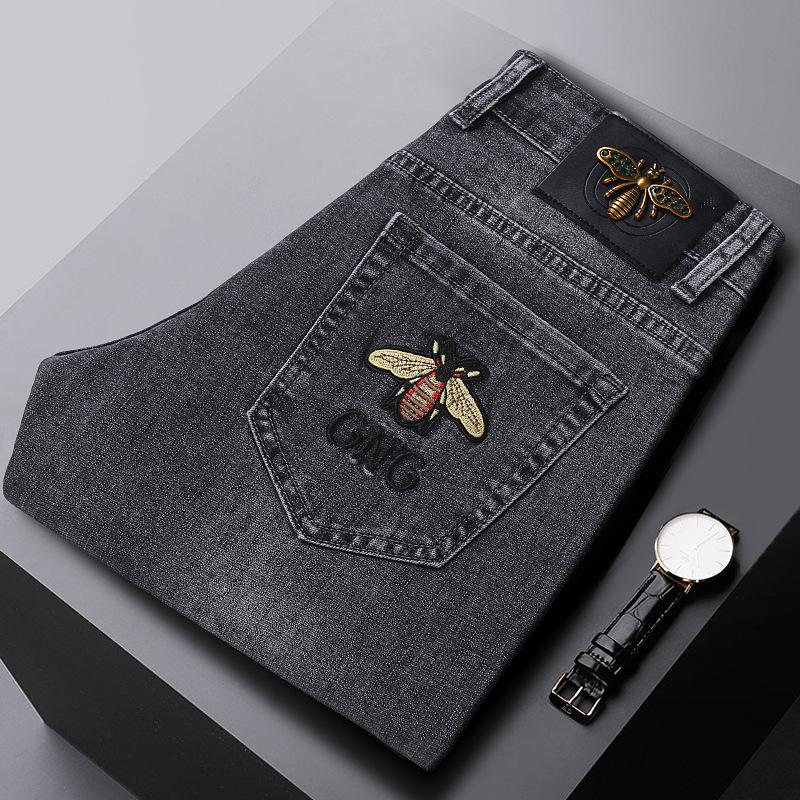 

Men's Jeans Fashion Spring Mens Slim Elastic Bee Embroidery Business Denim Pants Classic Style, Gray