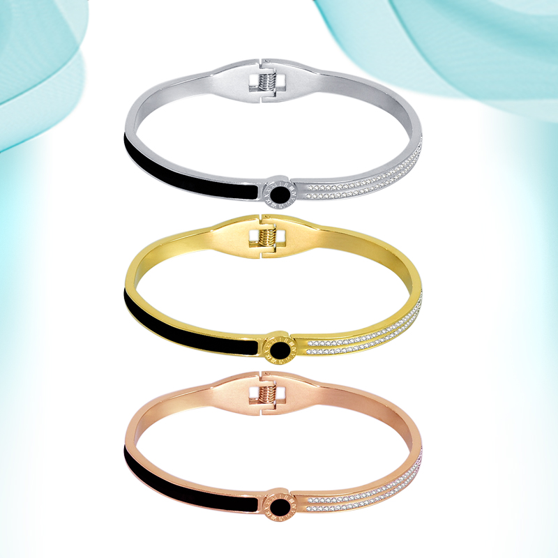 Bracelet Double Row Diamond Bangle Half Circle Black Roman Numeral Bracelets Mud Stone All-match Stainless Steel Titanium Hand Bangles Party Holi-image-734611664