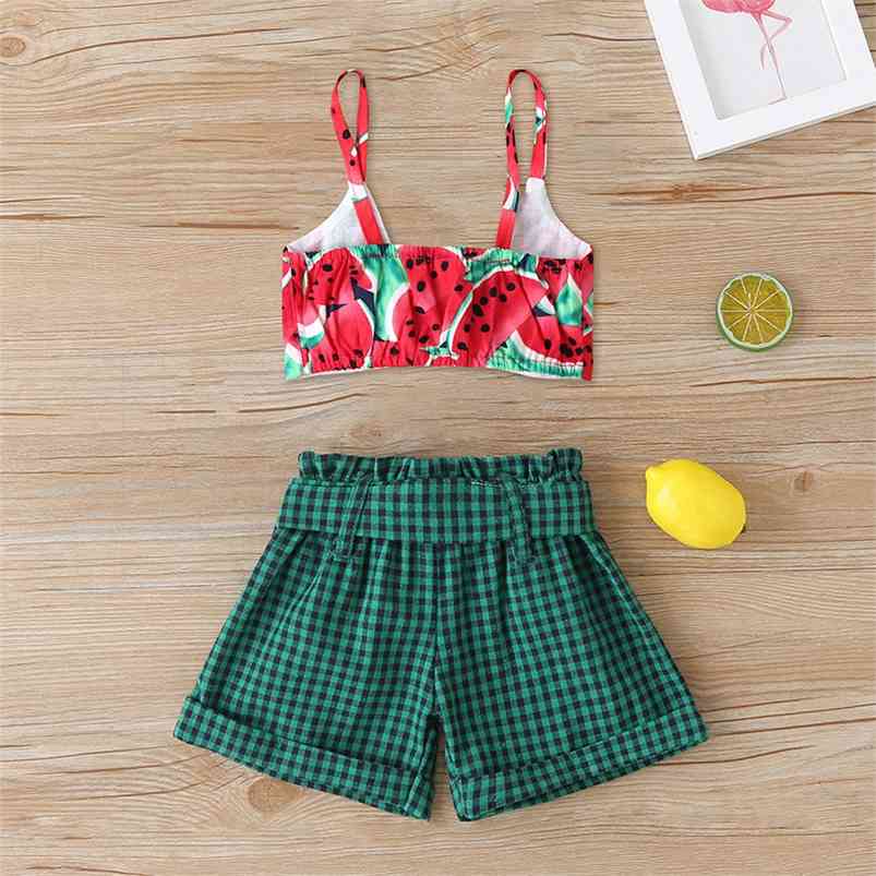 

Summer Children Sets Casual Girls Strap Print Waltermelon Tops Bow Green Short Pants Cute Clothes 6M-4T 210629, Red
