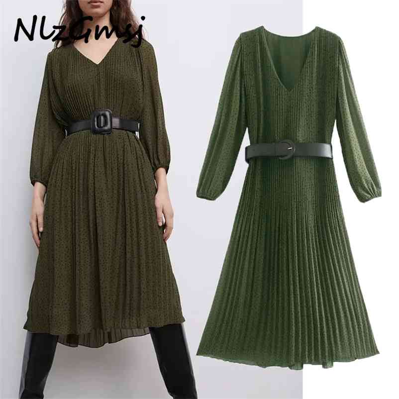 

Dres Print Ruched Vintage Evening Party Midi Woman Spring Long Sleeve Contrast Belt Vestido 210628, As picture