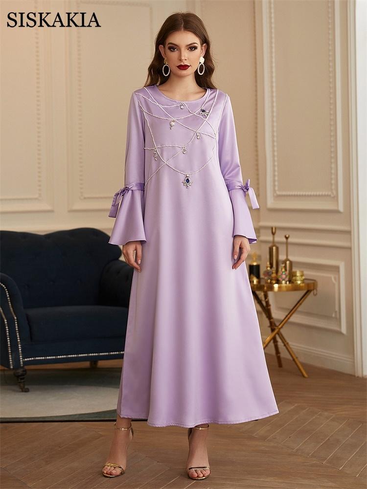 

Casual Dresses Modest Ethnic Maxi Dress For Women Pearl Necklace Diamond Abaya Moroccan Kaftan Dubai Arabic Qtar Turkey Muslim Clothes 2021, Light purple dress
