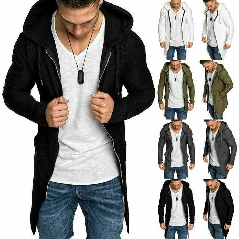 

Mens Casual Hoodie Hooded Longline Zip Sweatshirt Sweater Jacket Outwear Coat XL X0621, White