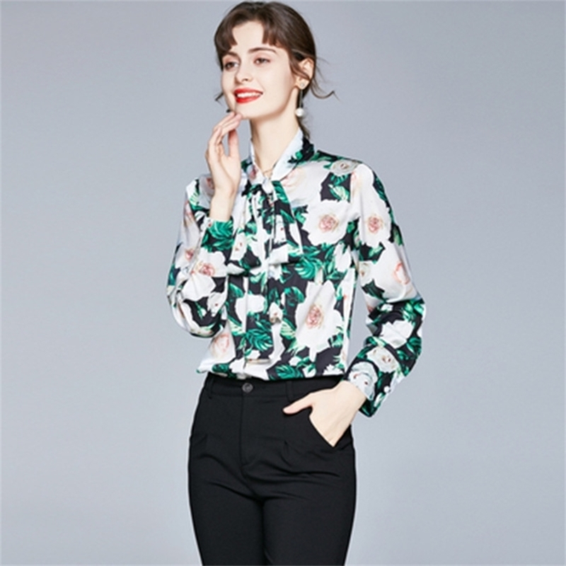 

Women Autumn Long Sleeved Blouses OL Casual Shirt Chain Geometric Prints Curve Hem Basic Tops moda mujer blusas 210603, Green