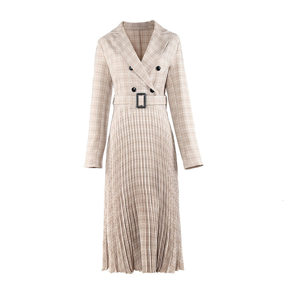 

2021 New Vintage Pleated Belt Plaid Women Elegant Office Ladies Blazer Long Sleeve Female Spring Midi Party Tmfr, Blue