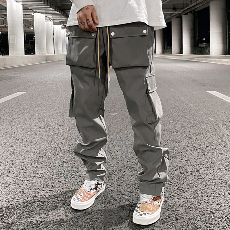 

2021 New High Street Multi-bolso Casuais Para Homens e Mulheres Lado Breasted Drawstring Harajuku Slido Solto Calas Ovgn, Gray