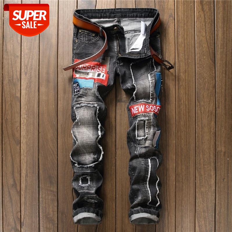 

New Fashion 2021 AUTUMN Spring Hole Jeans Men's Ripped Skinny Biker Destroyed Denim Trousers #pW8p, Black