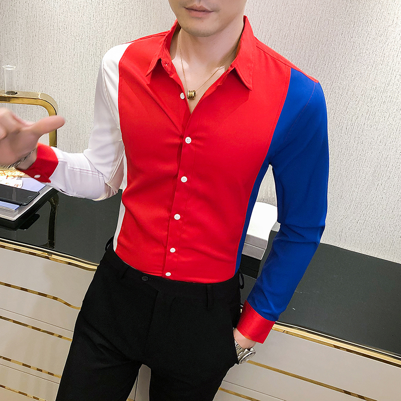 

2021 New High Quality Color Slices Winter Fashion Casual Shirts Long Sleeve Thin Sleeves Streetwear Male Shirt Work Uu7s, Red.