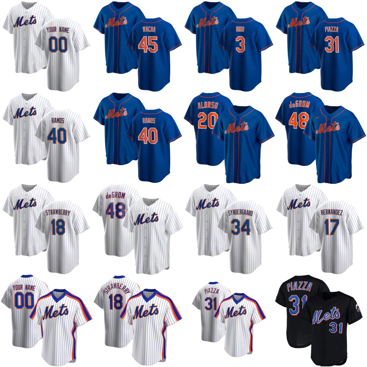 

12 Francisco Lindor New 20 Pete Alonso 48 Jacob deGrom York Mike Piazza Mets Noah Syndergaard Darryl Strawberry Baseball Jerseys x2, Blue;black