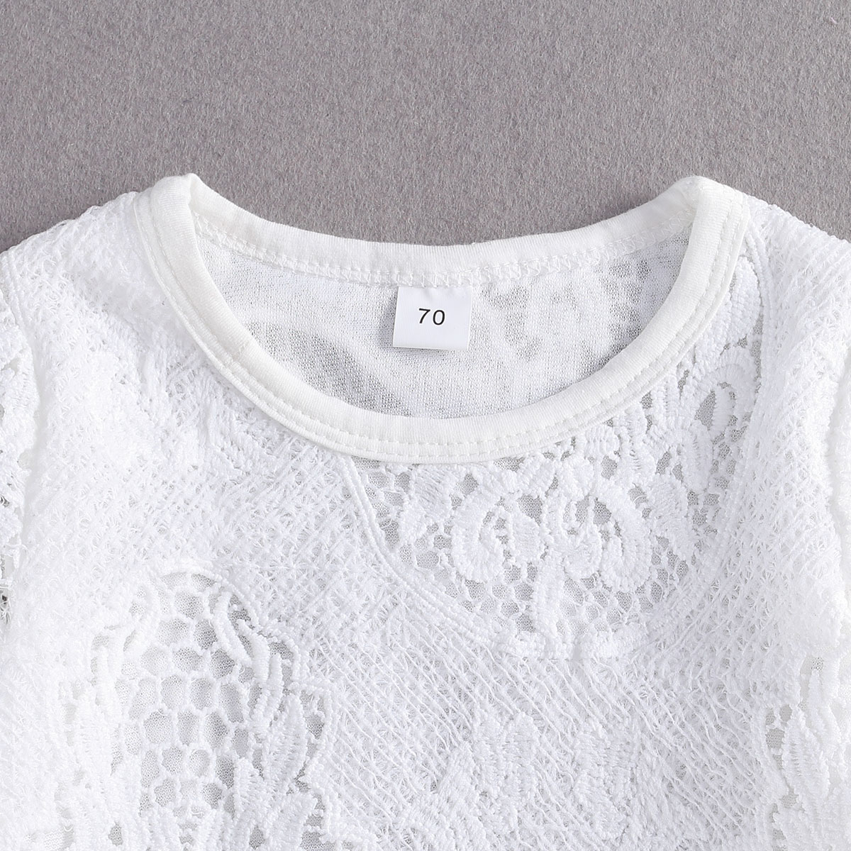 

Baby Girls Long Sleeve Lace Romper Girl Triangle Crotch Round Neck Lace T Shirts Kids Long Jeans Kid Patchwork Pants 2Pcs Sets, White