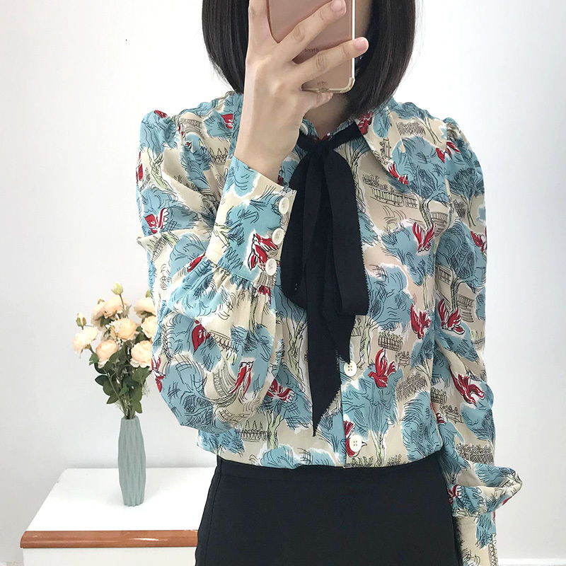 

2021 New 100% Silk Women Printing Shirt Lace-up Long Sleeve Turn-down Collar Early Autumn Female Blouses Hmos, Black
