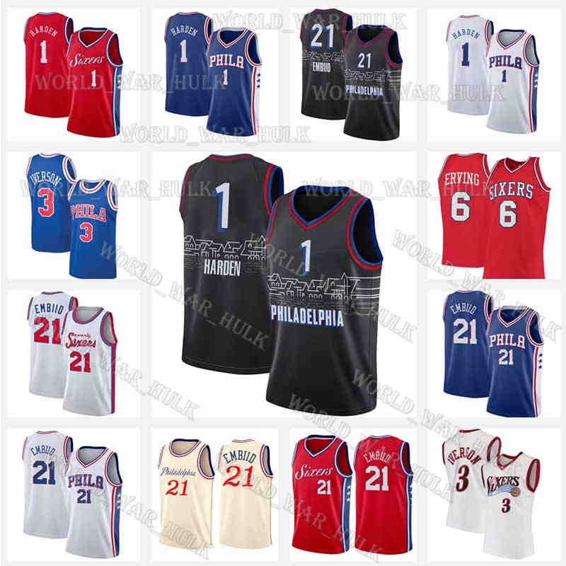 

Joel 21 Embiid Jersey 1 Harden 3 Allen Iverson Basketball Jerseys james Julius Erving Philadelphia''76ers''Men Embroidery 2021 2022 Black White Red Stitched 13