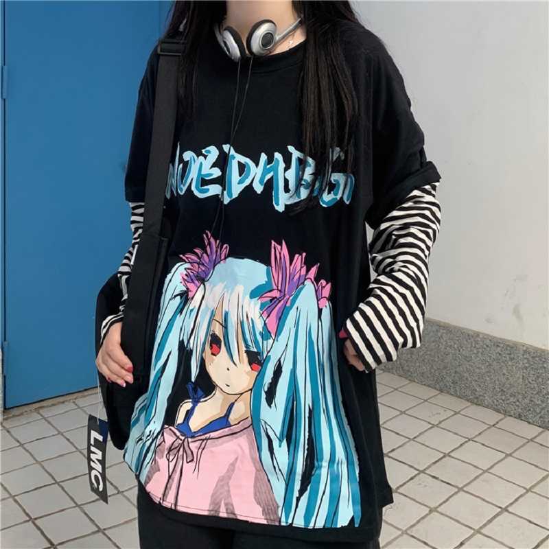 

Autumn punk casual cartoon ins Japanese Ulzzang female gothic long-sleeved Vintage big size hip-hop Harajuku sweatshirt 210608, Black